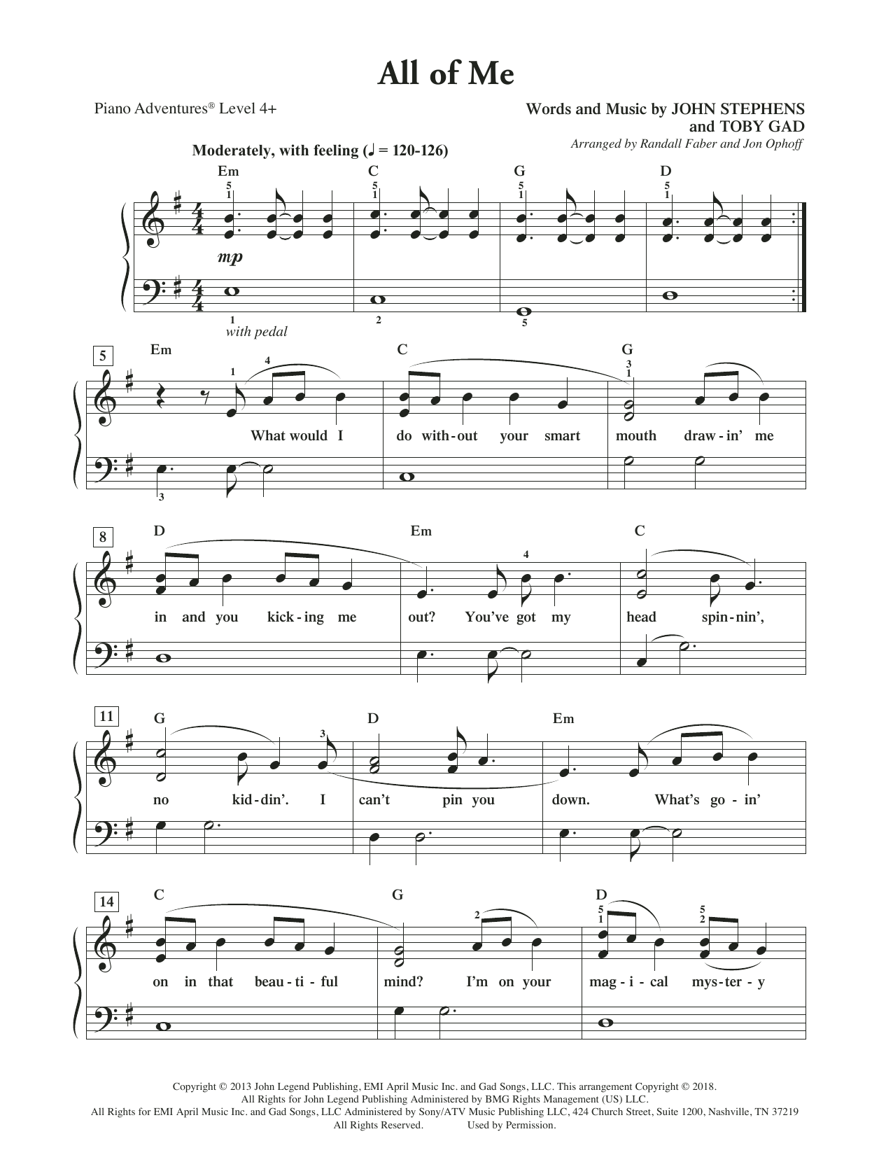 Randall Faber & Jon Ophoff All of Me sheet music notes and chords arranged for Piano Adventures