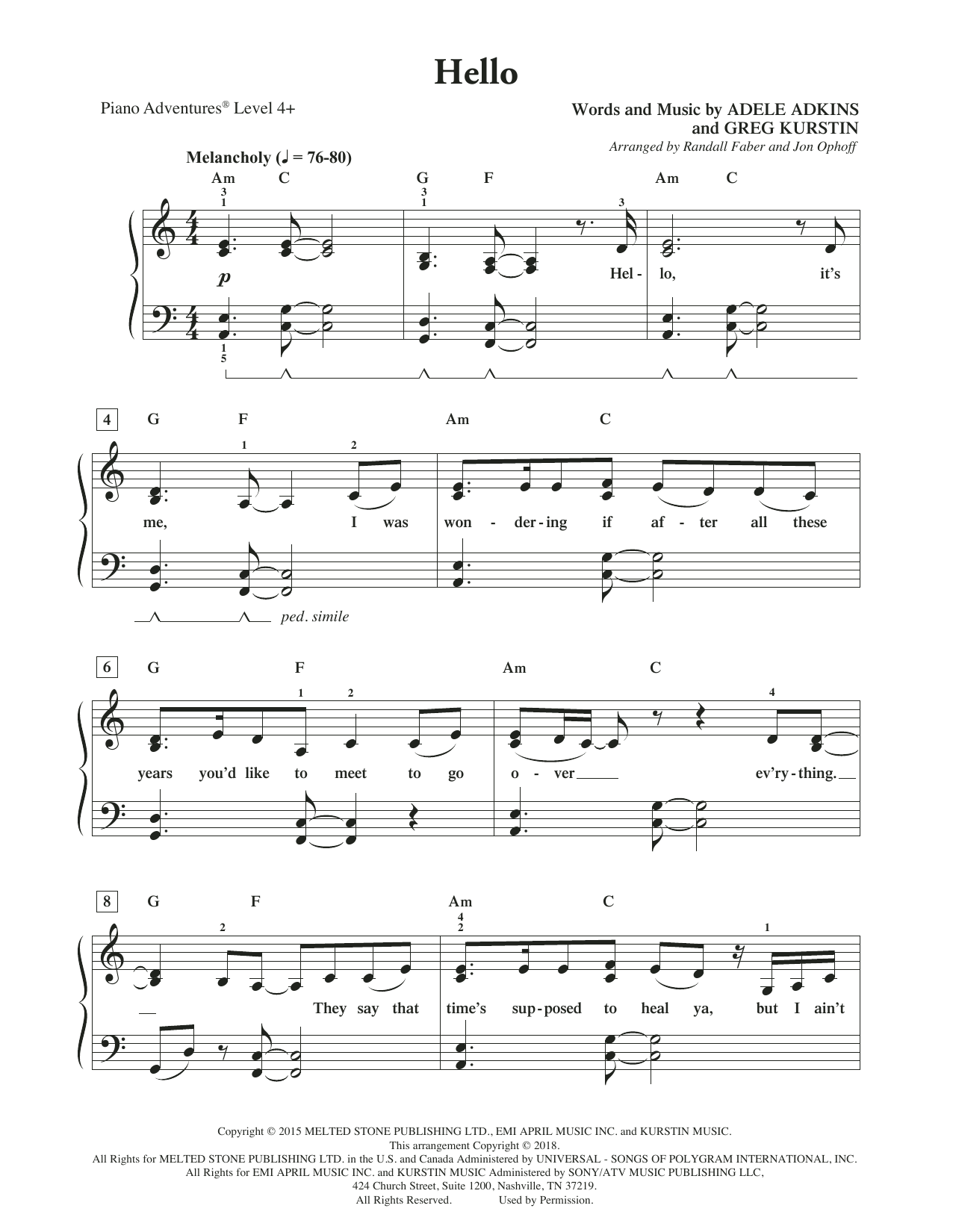 Randall Faber & Jon Ophoff Hello sheet music notes and chords arranged for Piano Adventures