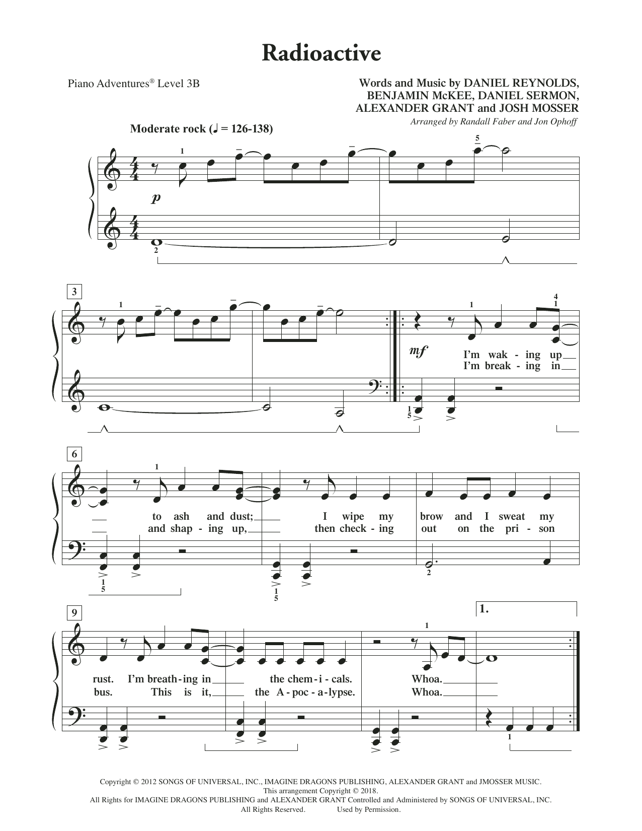 Randall Faber & Jon Ophoff Radioactive sheet music notes and chords arranged for Piano Adventures