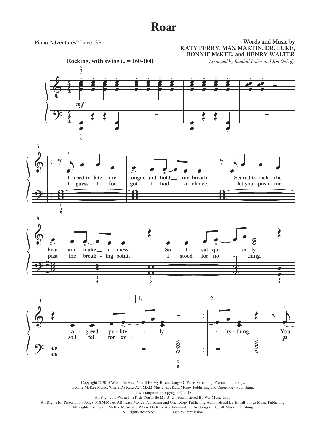 Randall Faber & Jon Ophoff Roar sheet music notes and chords arranged for Piano Adventures