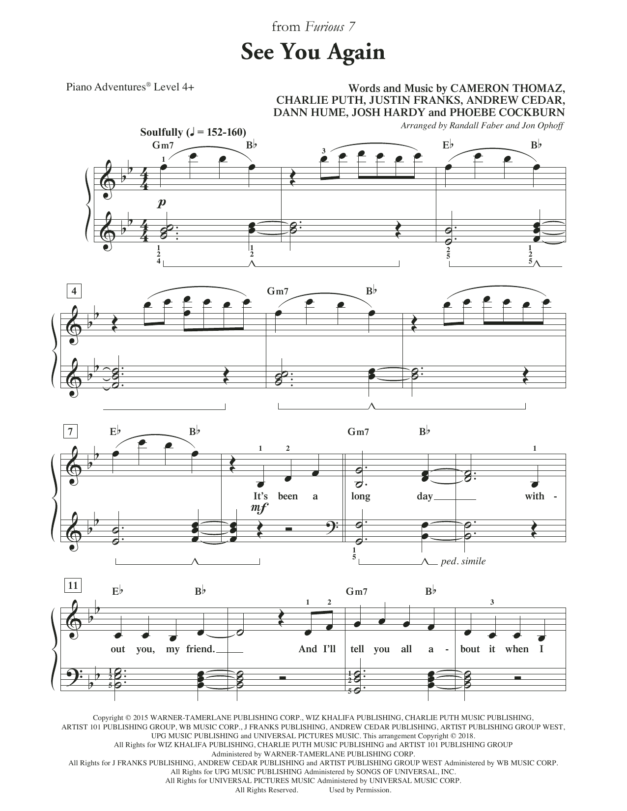 Randall Faber & Jon Ophoff See You Again sheet music notes and chords arranged for Piano Adventures