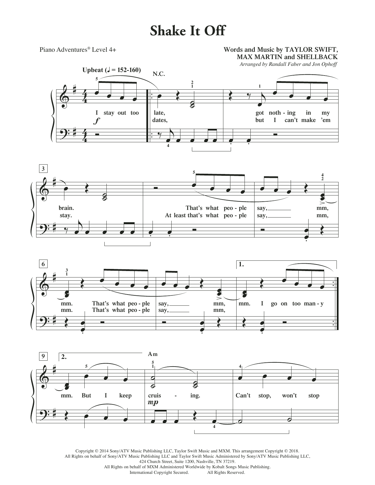 Randall Faber & Jon Ophoff Shake It Off sheet music notes and chords arranged for Piano Adventures