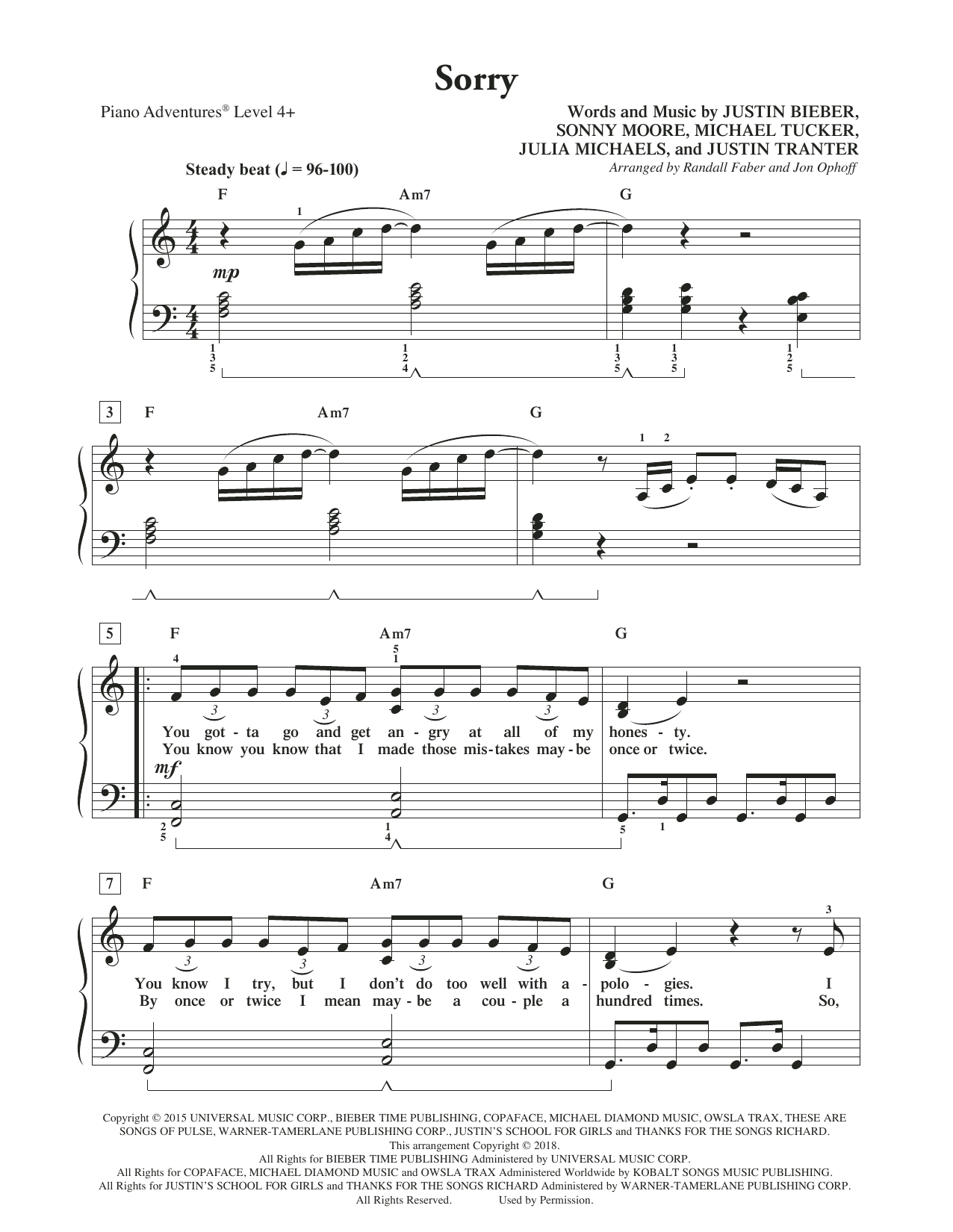Randall Faber & Jon Ophoff Sorry sheet music notes and chords arranged for Piano Adventures