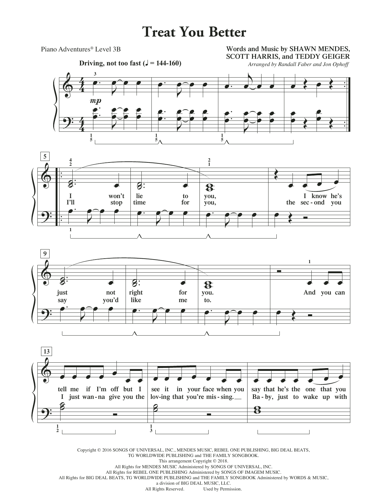 Randall Faber & Jon Ophoff Treat You Better sheet music notes and chords arranged for Piano Adventures