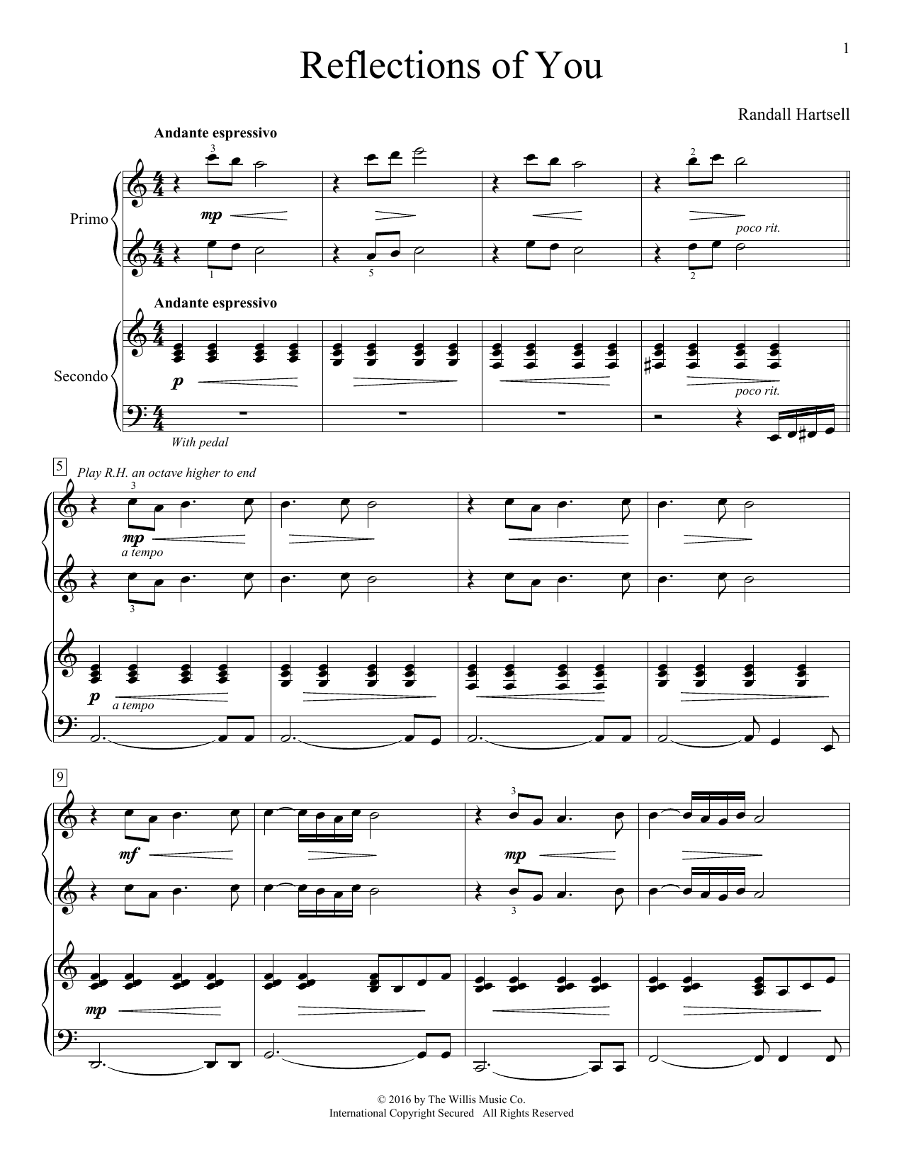 Randall Hartsell Reflections Of You sheet music notes and chords arranged for Piano Duet