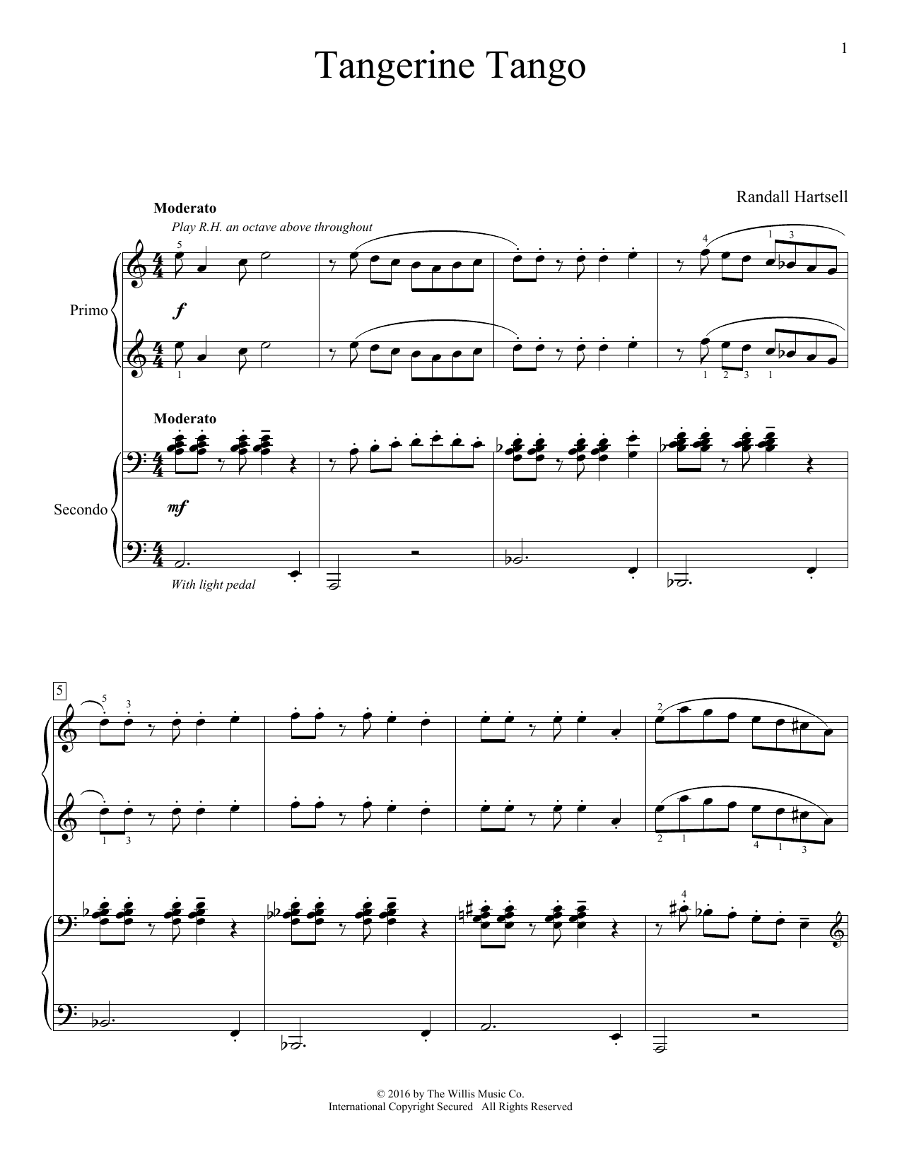 Randall Hartsell Tangerine Tango sheet music notes and chords arranged for Piano Duet