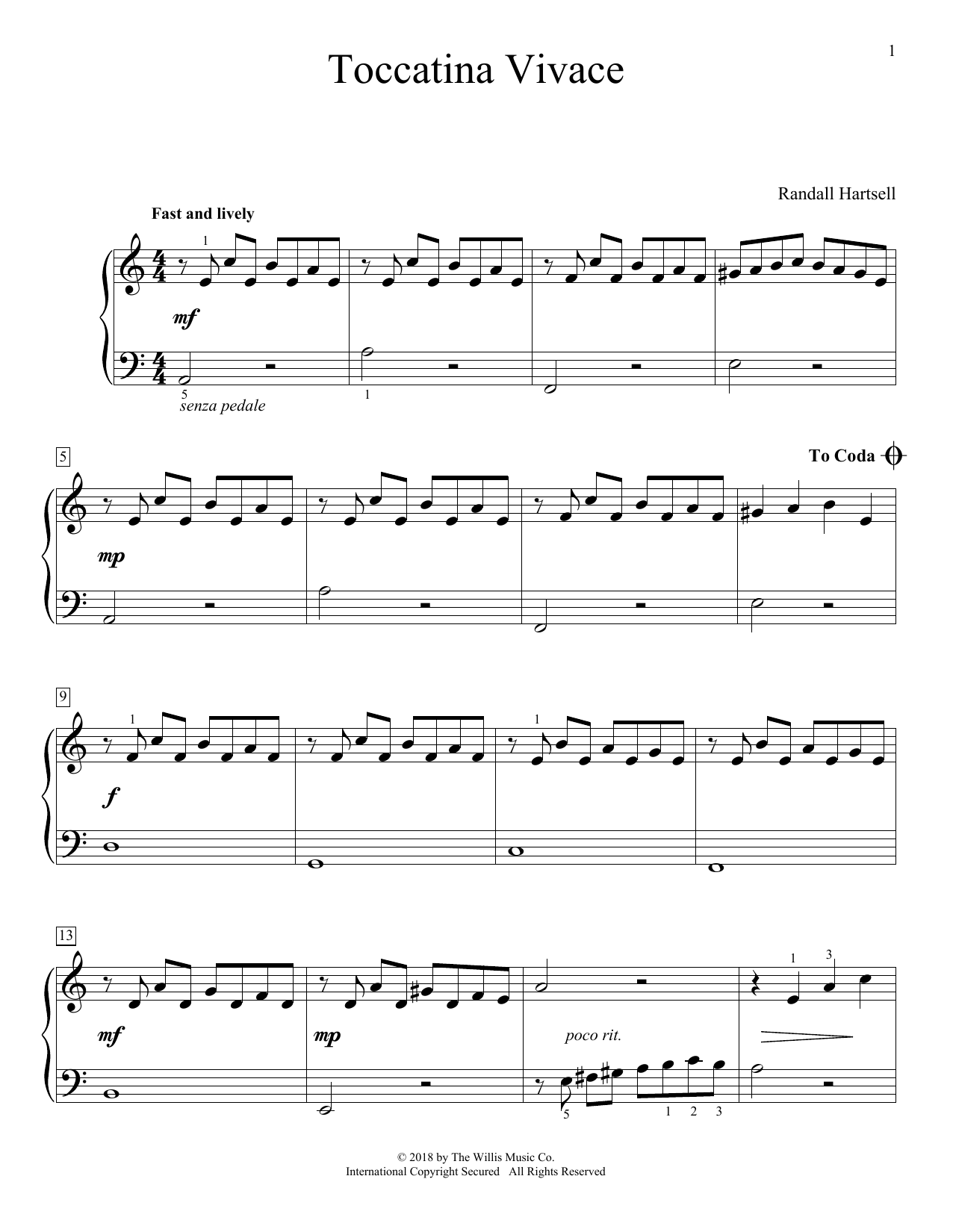 Randall Hartsell Toccatina Vivace sheet music notes and chords arranged for Educational Piano