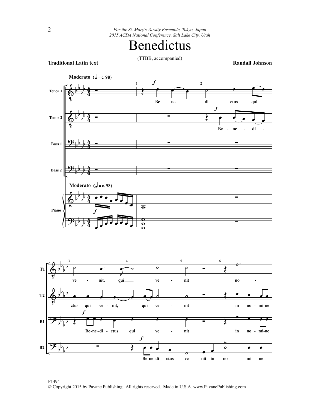 Randall Johnson Benedictus sheet music notes and chords arranged for TTBB Choir