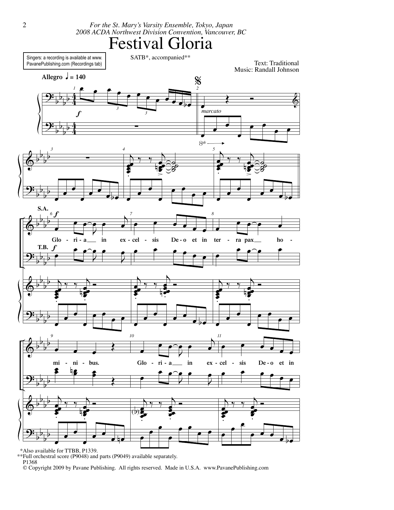 Randall Johnson Festival Gloria sheet music notes and chords arranged for SATB Choir