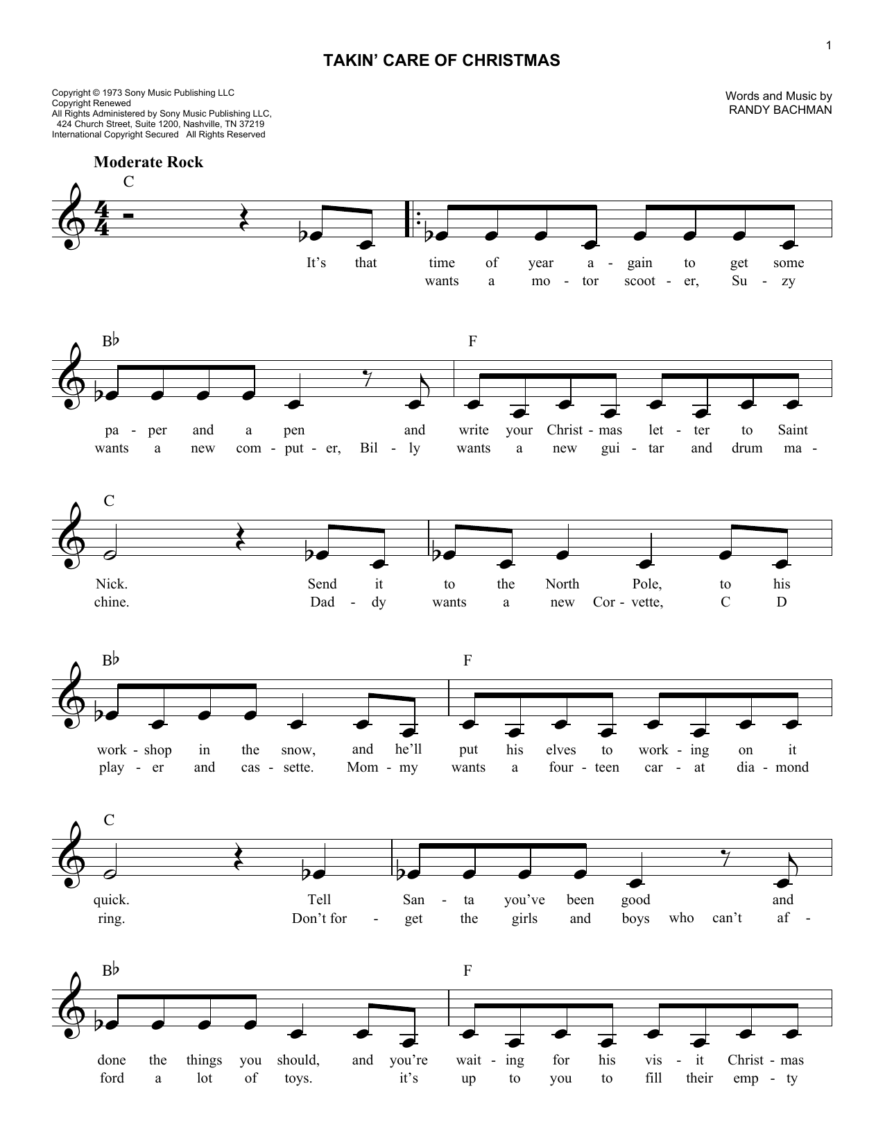 Randy Bachman Takin' Care Of Christmas sheet music notes and chords arranged for Easy Lead Sheet / Fake Book