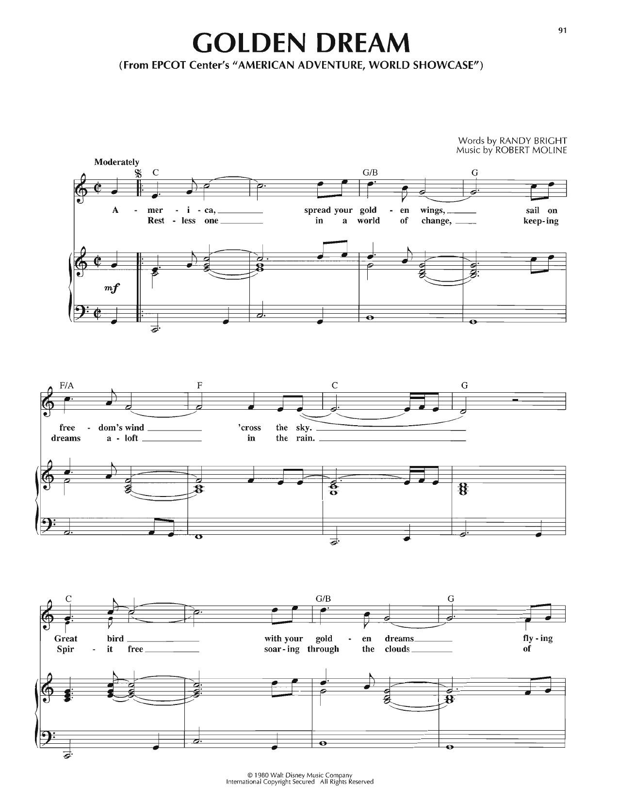 Randy Bright Golden Dream (from The American Adventure) sheet music notes and chords arranged for Piano, Vocal & Guitar Chords (Right-Hand Melody)