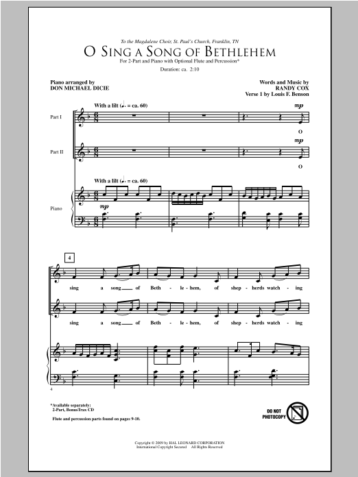 Randy Cox O Sing A Song Of Bethlehem sheet music notes and chords arranged for 2-Part Choir