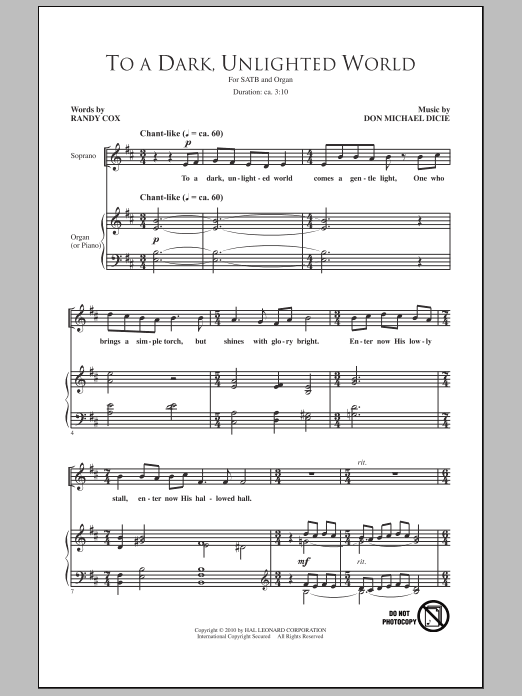 Randy Cox To A Dark Unlighted World sheet music notes and chords arranged for SATB Choir