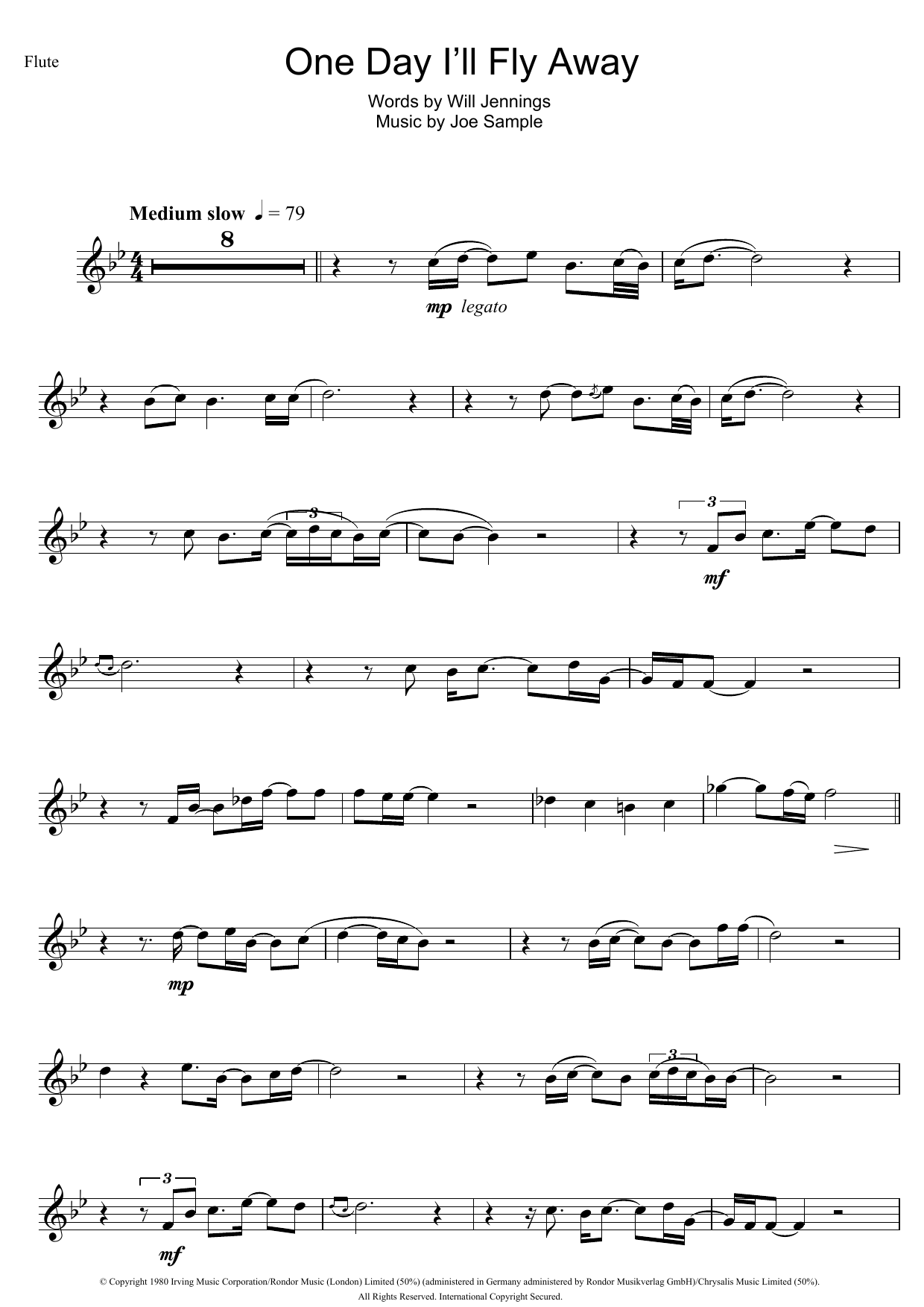 Randy Crawford One Day I'll Fly Away sheet music notes and chords arranged for Flute Solo