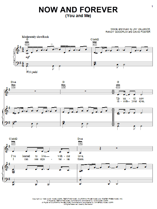 Randy Goodrum Now And Forever (You And Me) sheet music notes and chords arranged for Piano, Vocal & Guitar Chords (Right-Hand Melody)