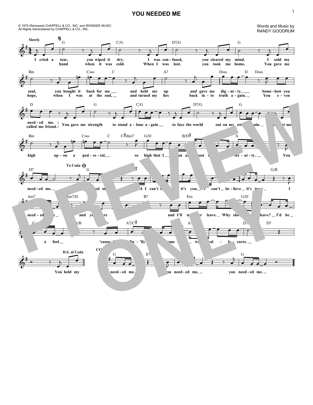 Randy Goodrum You Needed Me sheet music notes and chords arranged for Lead Sheet / Fake Book