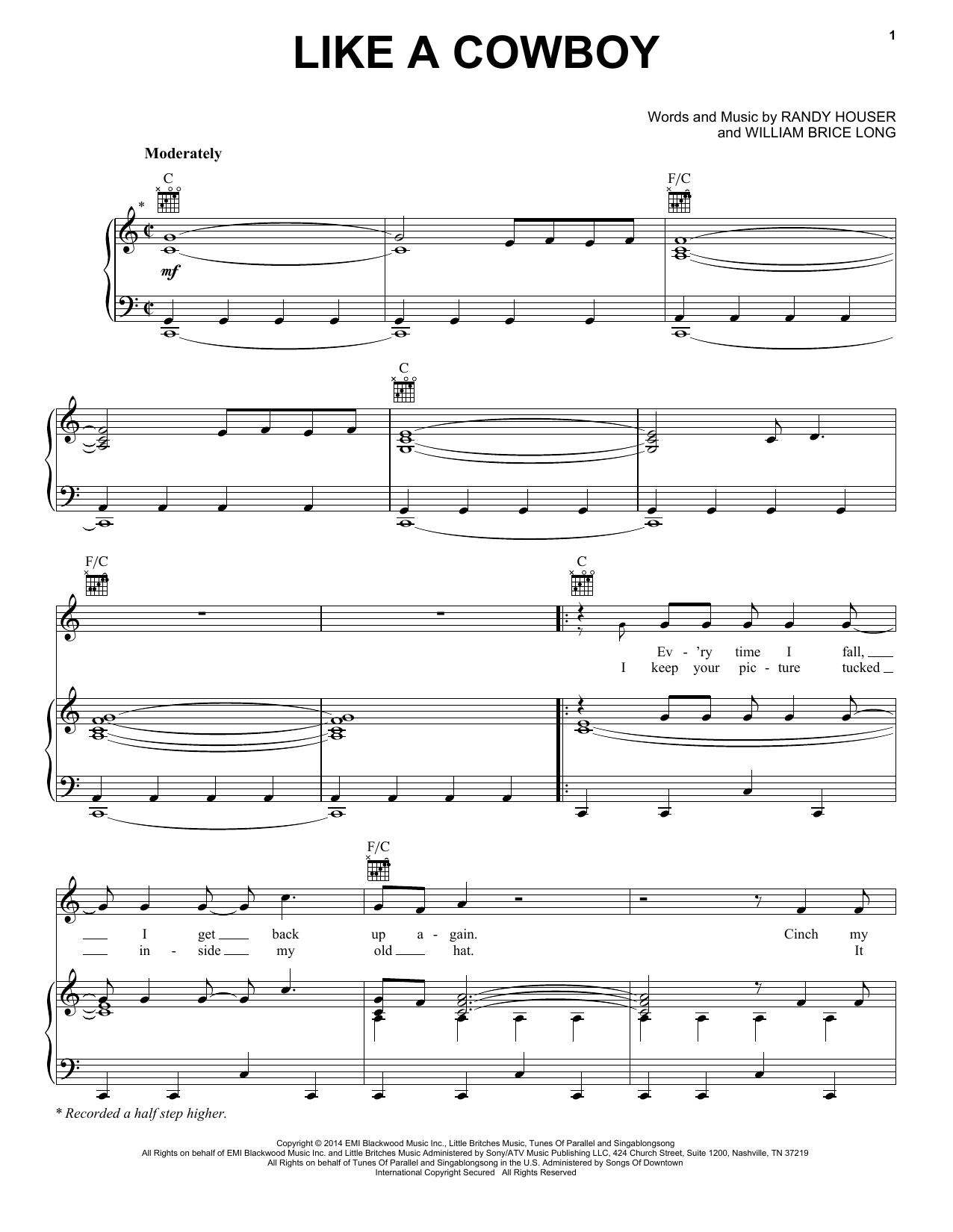 Randy Houser Like A Cowboy sheet music notes and chords arranged for Piano, Vocal & Guitar Chords (Right-Hand Melody)
