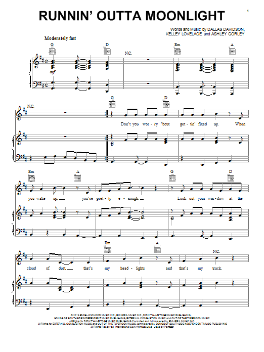 Randy Houser Runnin' Outta Moonlight sheet music notes and chords arranged for Piano, Vocal & Guitar Chords (Right-Hand Melody)