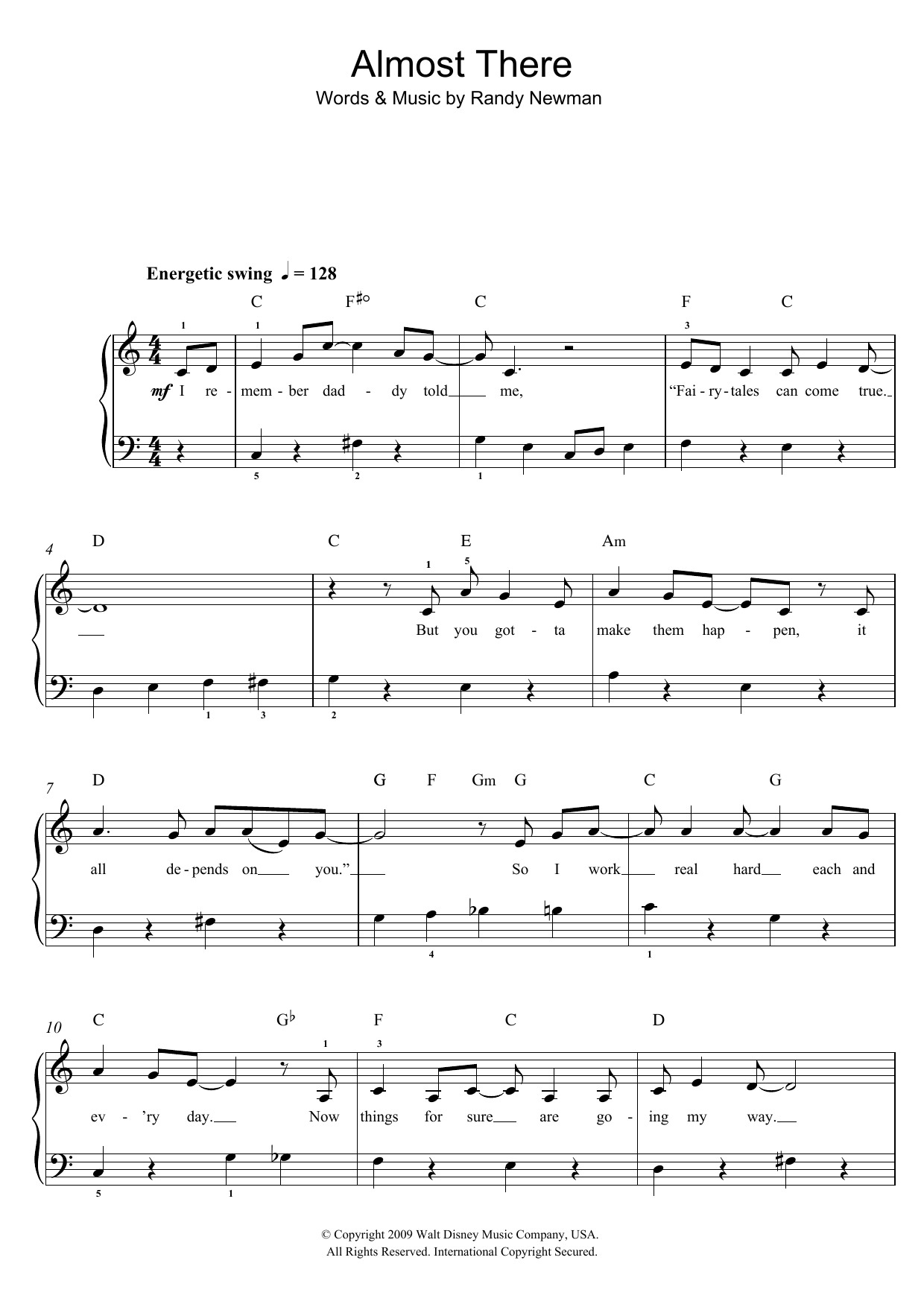 Randy Newman Almost There (from The Princess and the Frog) sheet music notes and chords arranged for Piano Solo