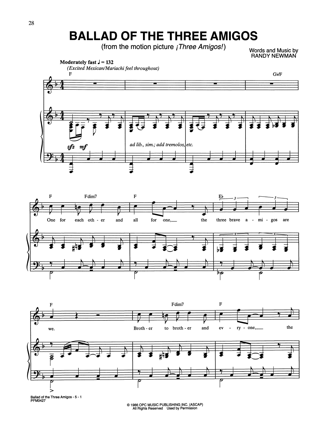 Randy Newman Ballad Of The Three Amigos (from Three Amigos!) sheet music notes and chords arranged for Piano & Vocal
