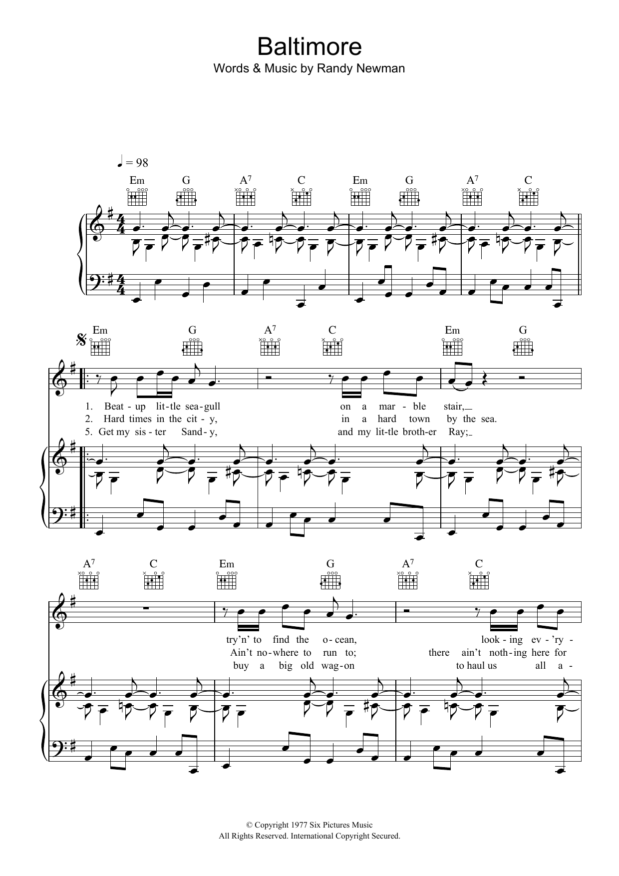 Randy Newman Baltimore sheet music notes and chords arranged for Piano, Vocal & Guitar Chords