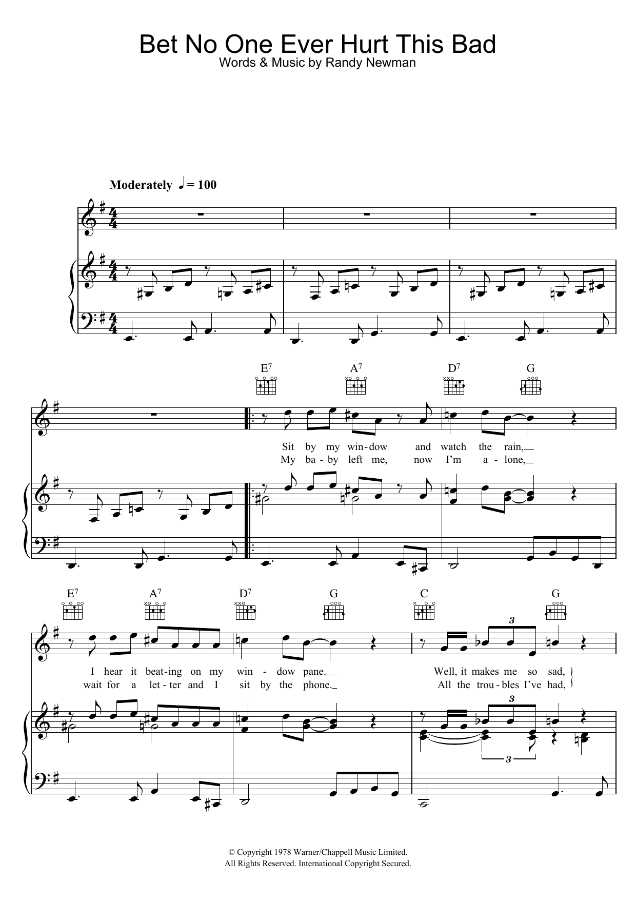Randy Newman Bet No One Ever Hurt This Bad sheet music notes and chords arranged for Piano, Vocal & Guitar Chords