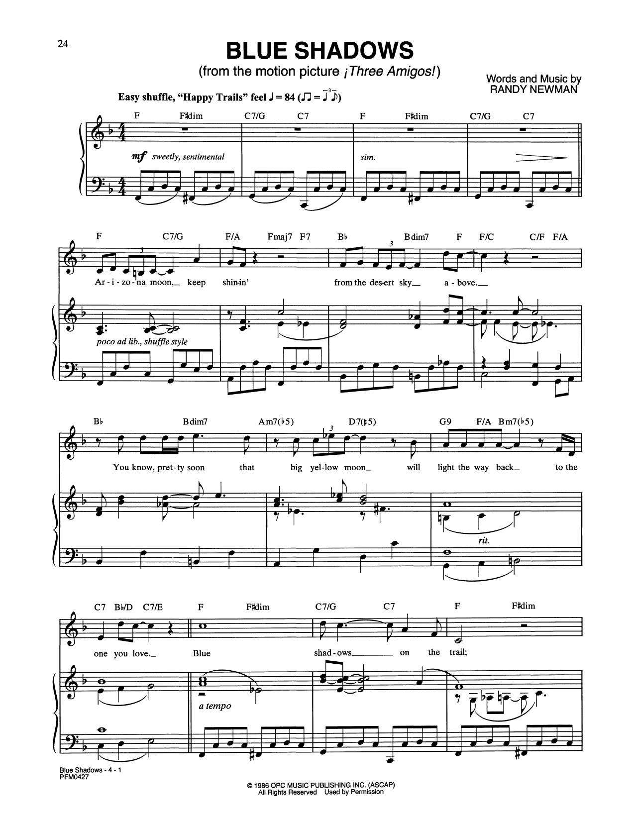 Randy Newman Blue Shadows On The Trail (from Three Amigos!) sheet music notes and chords arranged for Piano & Vocal