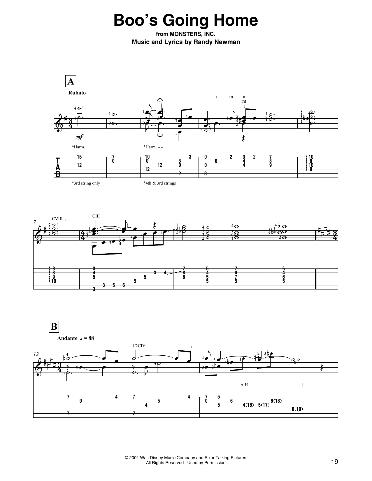 Randy Newman Boo's Going Home (from Monsters, Inc.) sheet music notes and chords arranged for Solo Guitar