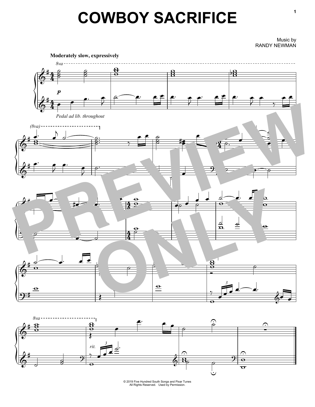 Randy Newman Cowboy Sacrifice (from Toy Story 4) sheet music notes and chords arranged for Piano Solo