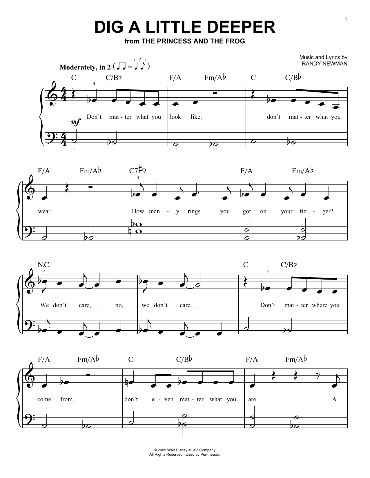 Randy Newman Dig A Little Deeper (from The Princess And The Frog) sheet music notes and chords arranged for Very Easy Piano