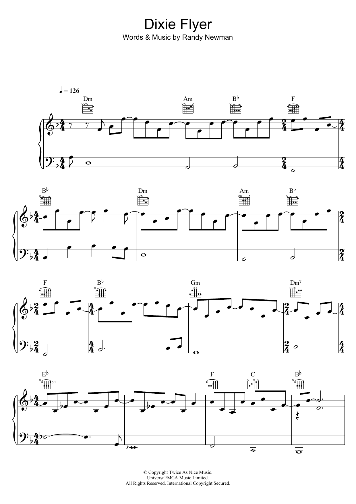 Randy Newman Dixie Flyer sheet music notes and chords arranged for Piano, Vocal & Guitar Chords