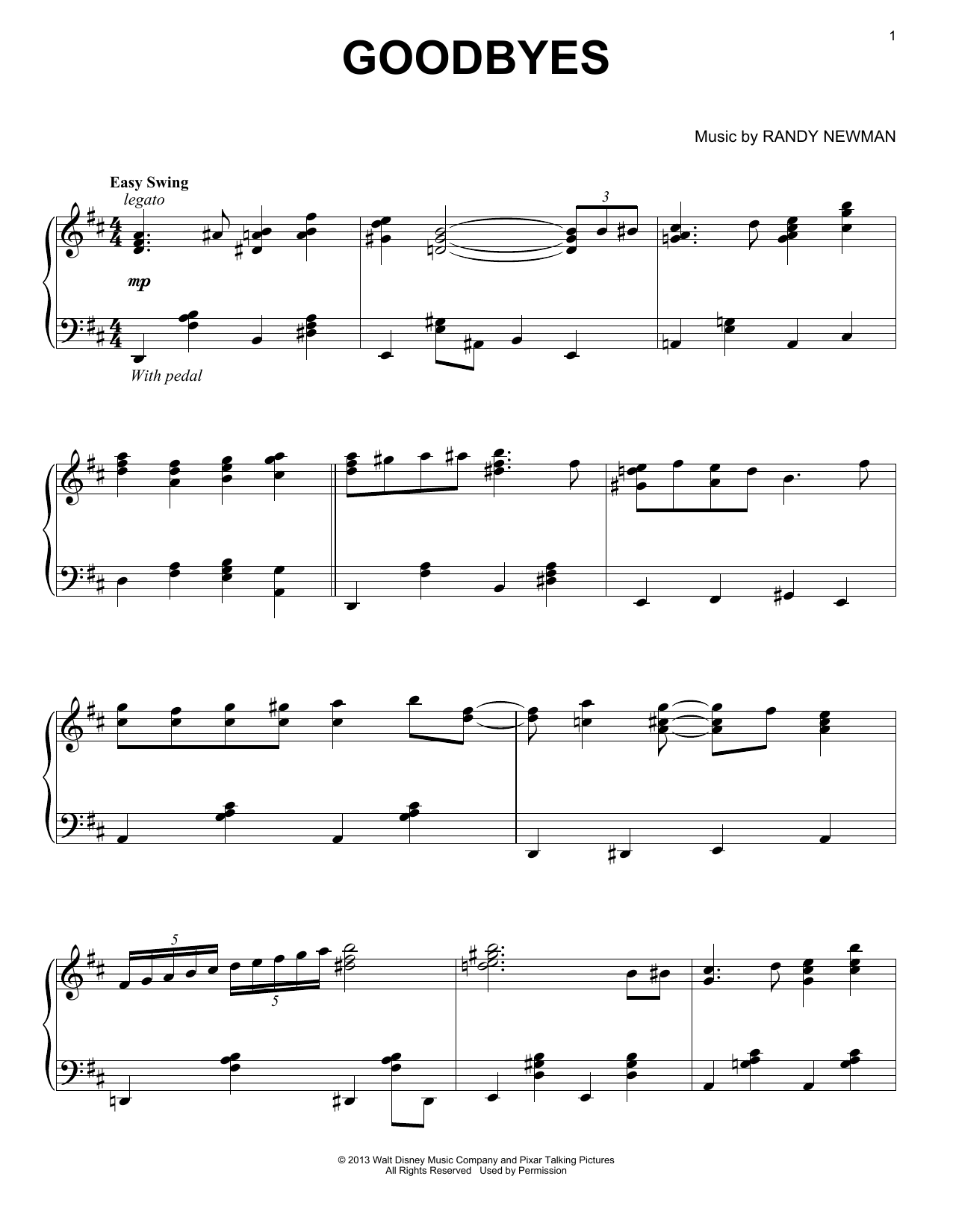 Randy Newman Goodbyes sheet music notes and chords arranged for Piano Solo