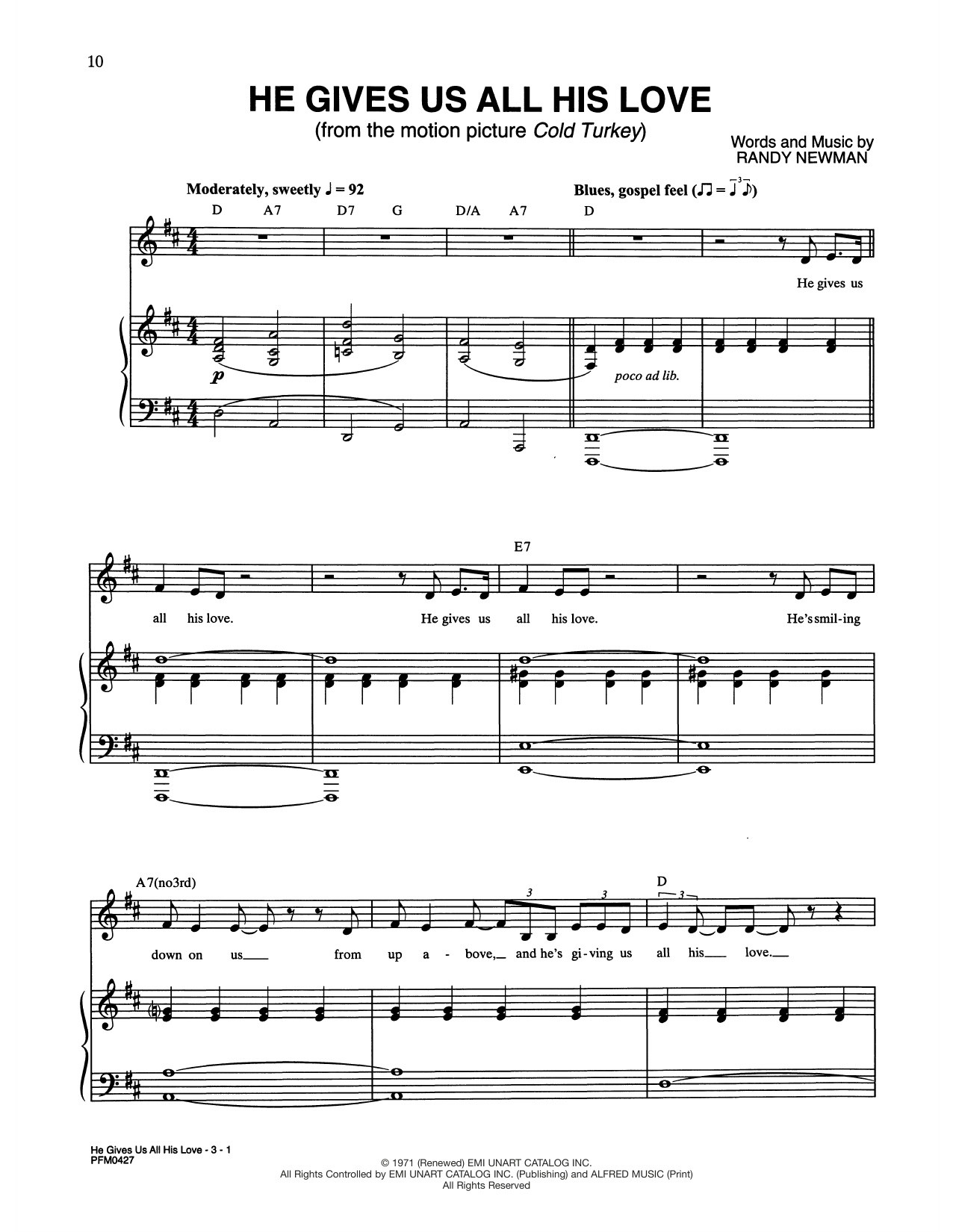 Randy Newman He Gives Us All His Love (from Cold Turkey) sheet music notes and chords arranged for Piano & Vocal
