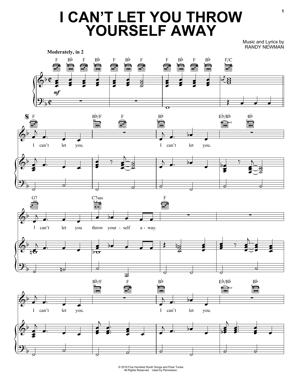 Randy Newman I Can't Let You Throw Yourself Away (from Toy Story 4) sheet music notes and chords arranged for Easy Piano