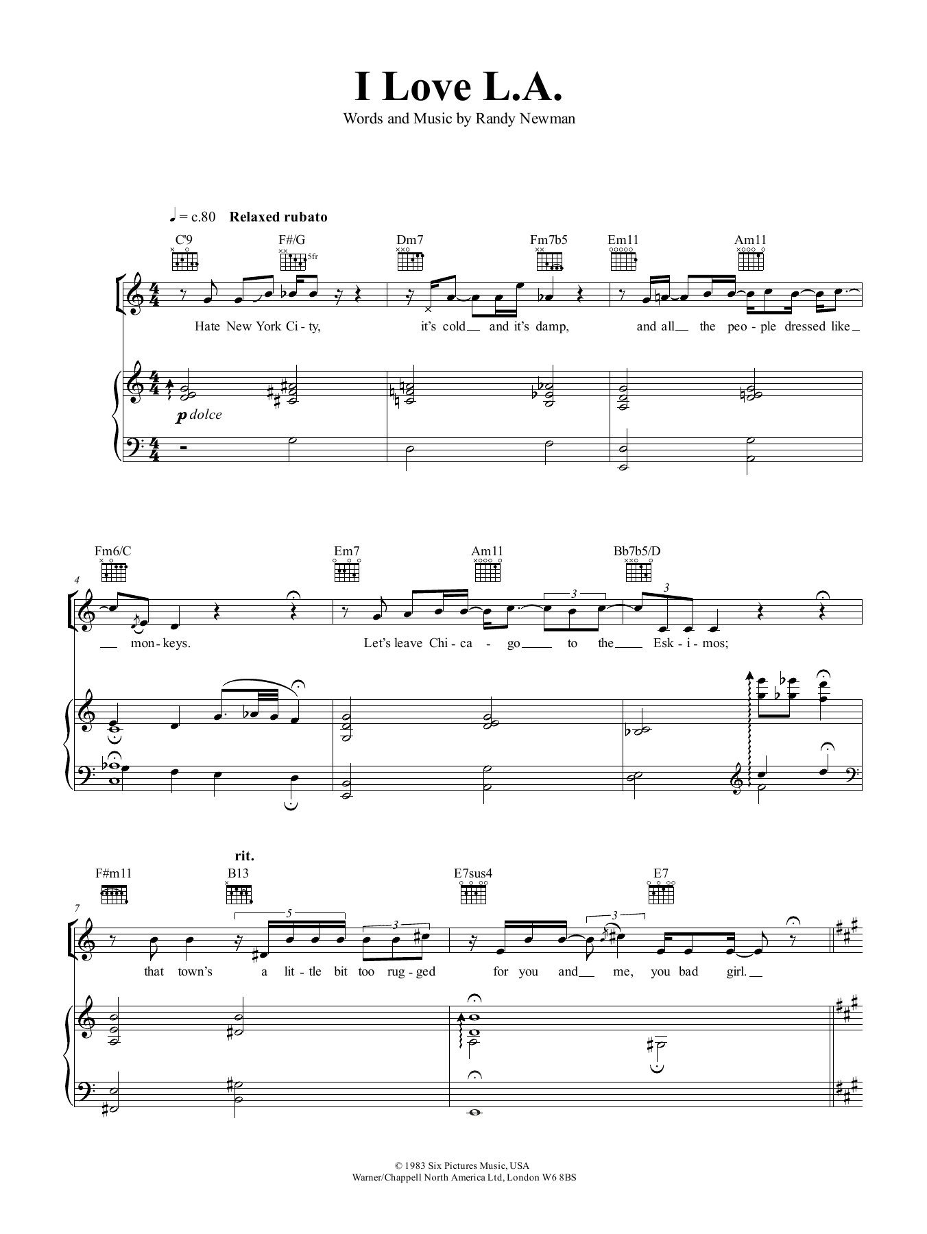 Randy Newman I Love L.A. sheet music notes and chords arranged for Piano, Vocal & Guitar Chords (Right-Hand Melody)