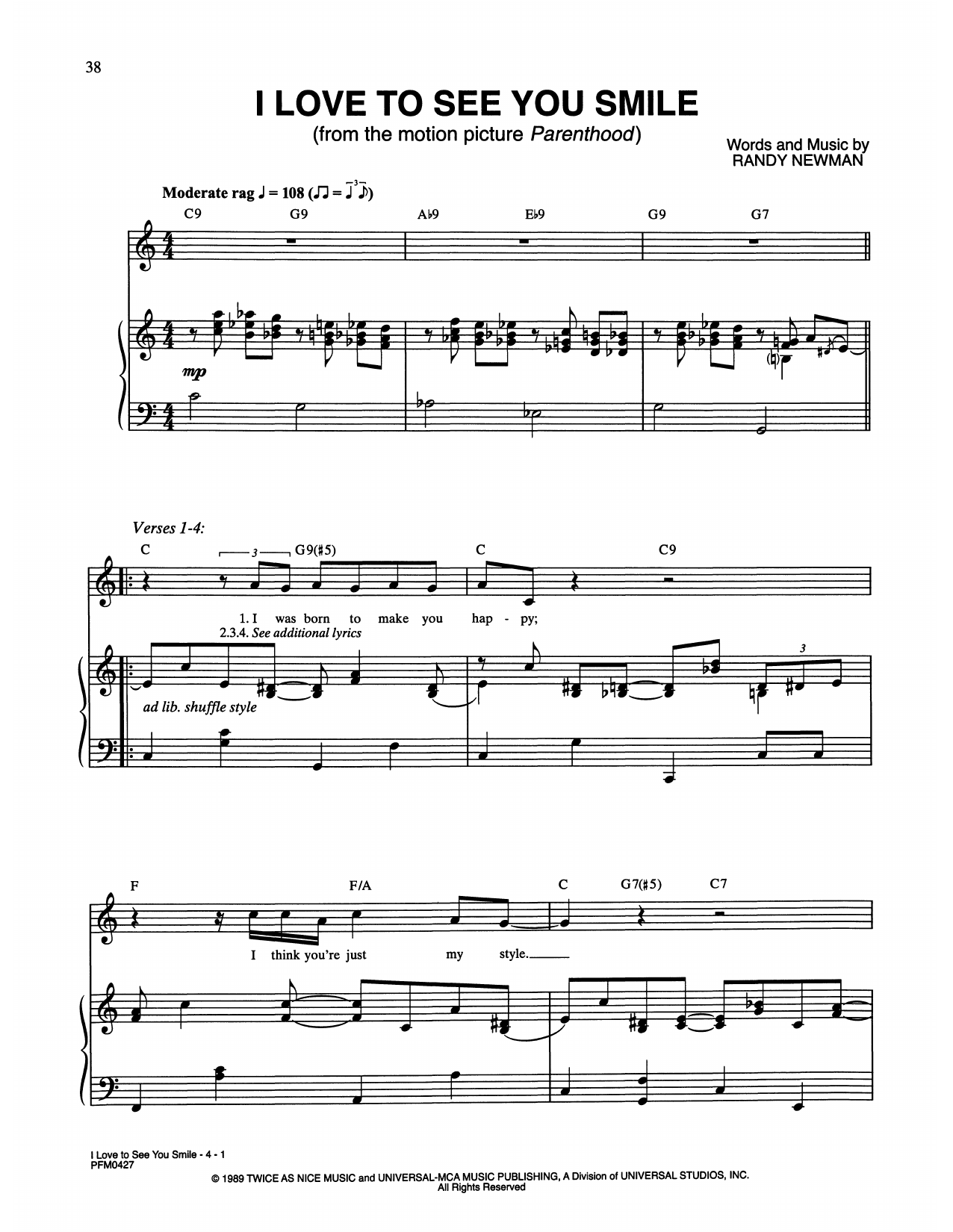 Randy Newman I Love To See You Smile (from Parenthood) sheet music notes and chords arranged for Piano & Vocal