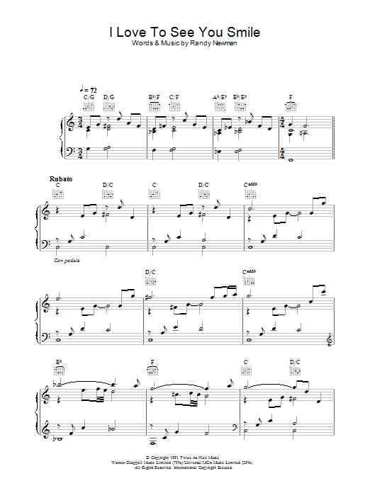 Randy Newman I Love To See You Smile sheet music notes and chords arranged for Piano, Vocal & Guitar Chords