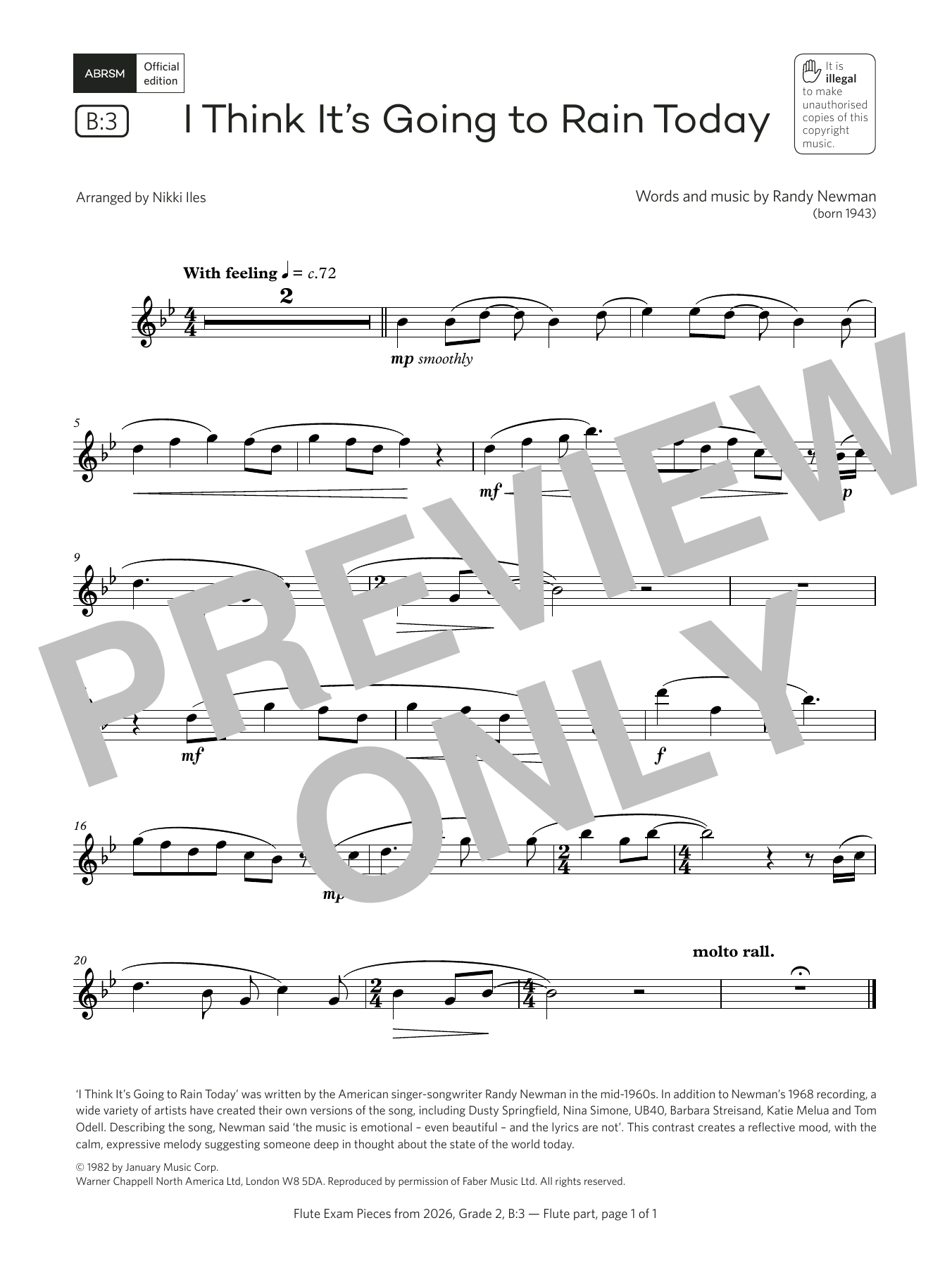 Randy Newman I Think It's Going to Rain Today (Grade 2, list B3, from the ABRSM Flute Syllabus from 2026) sheet music notes and chords arranged for Flute Solo