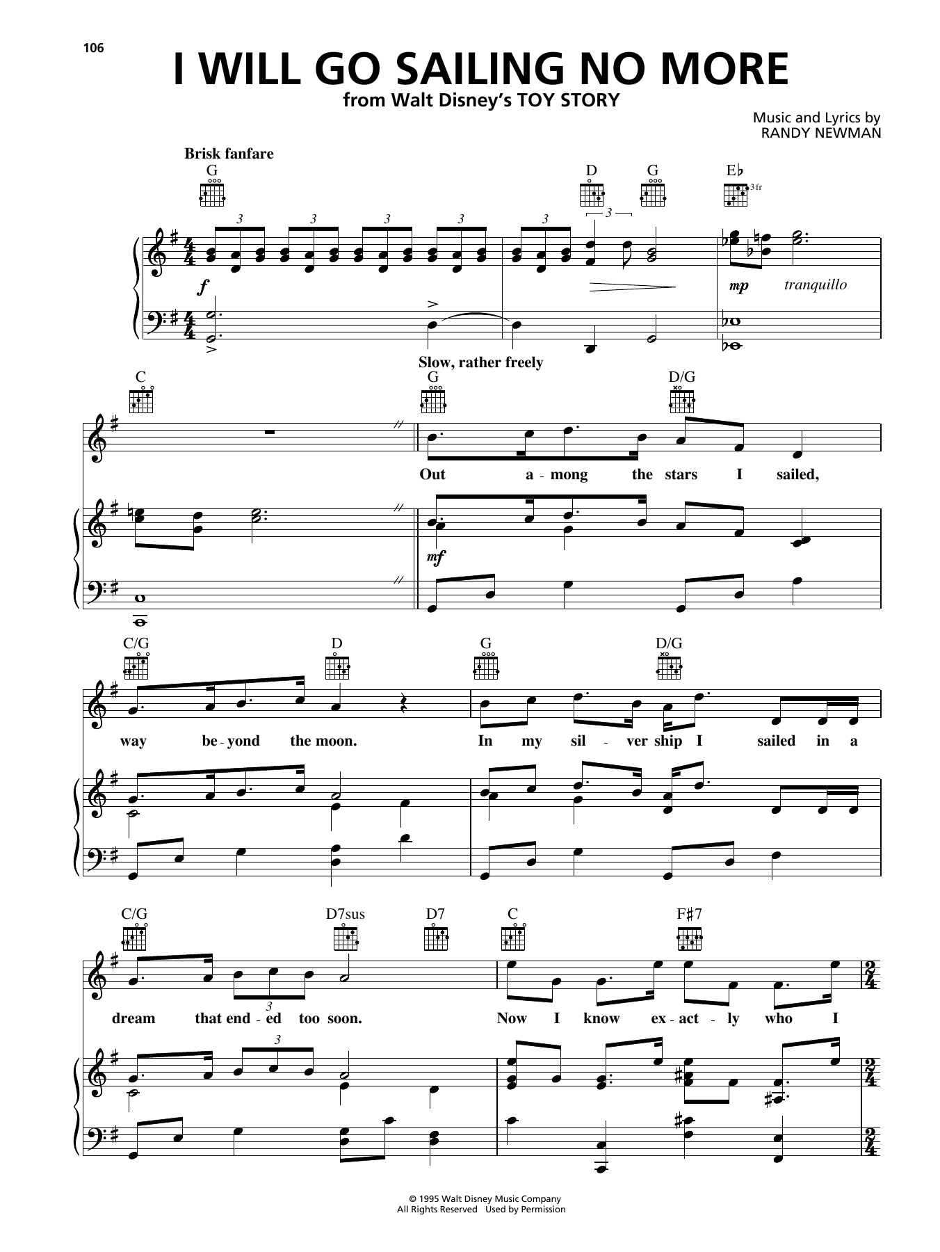 Randy Newman I Will Go Sailing No More (from Disney's Toy Story) sheet music notes and chords arranged for Piano, Vocal & Guitar Chords (Right-Hand Melody)