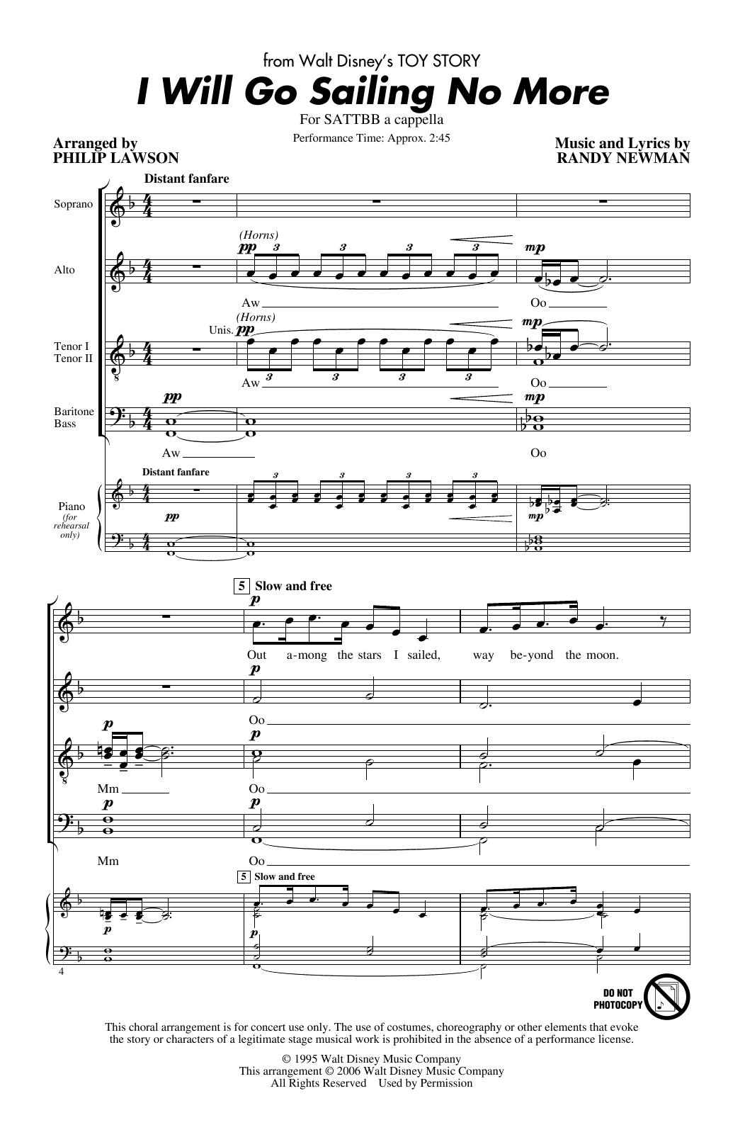 Randy Newman I Will Go Sailing No More (from Toy Story) (arr. Philip Lawson) sheet music notes and chords arranged for SATB Choir