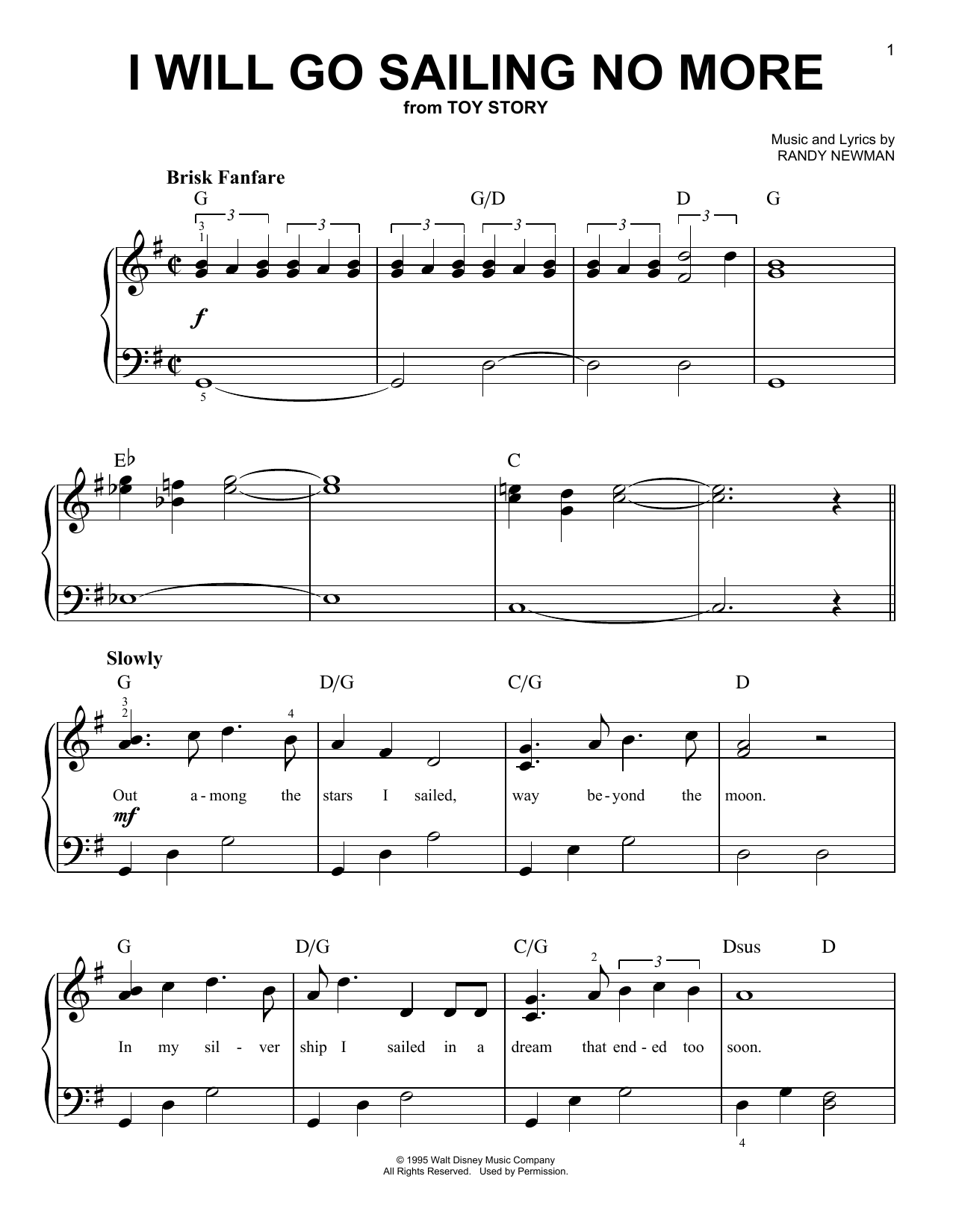 Randy Newman I Will Go Sailing No More (from Toy Story) sheet music notes and chords arranged for Lead Sheet / Fake Book