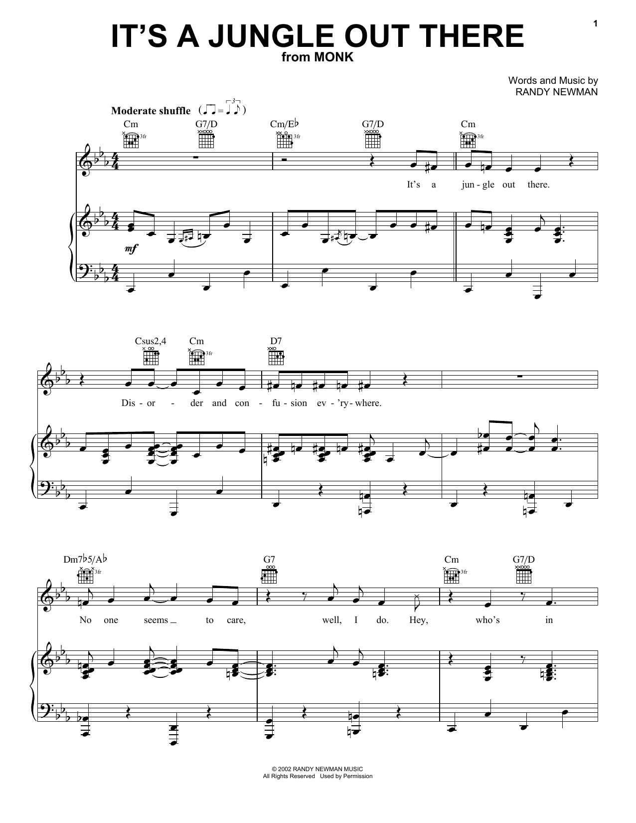 Randy Newman It's A Jungle Out There (from Monk) sheet music notes and chords arranged for Piano, Vocal & Guitar Chords (Right-Hand Melody)