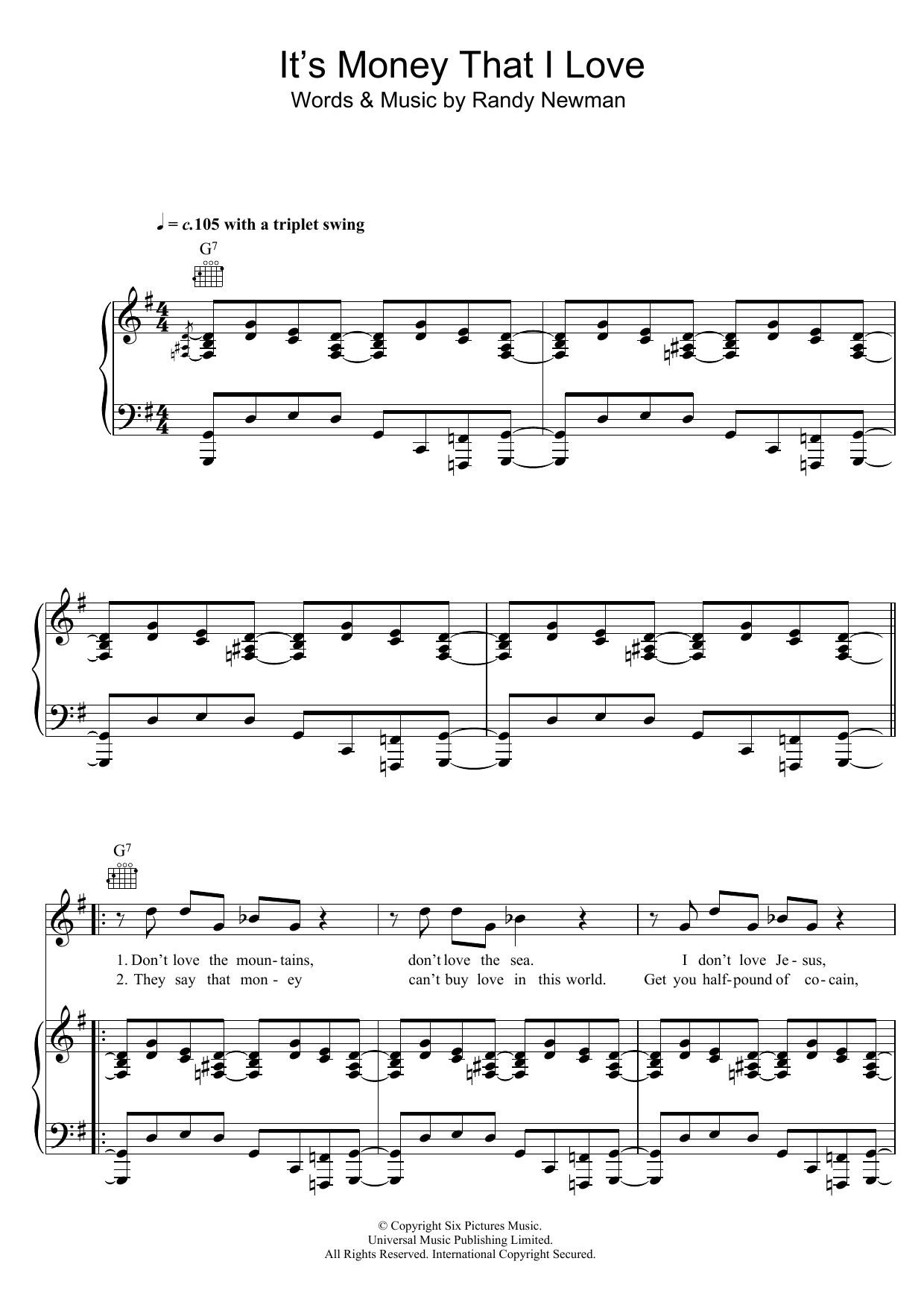 Randy Newman It's Money That I Love sheet music notes and chords arranged for Piano, Vocal & Guitar Chords