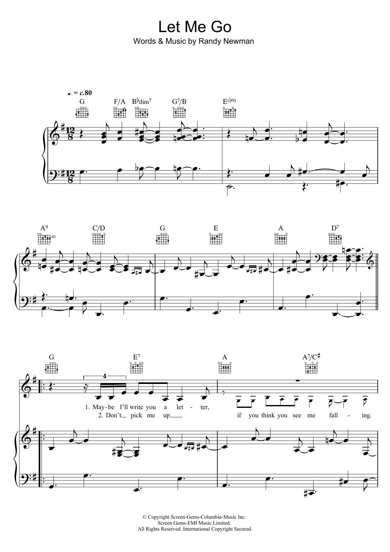 Randy Newman Let Me Go sheet music notes and chords arranged for Piano, Vocal & Guitar Chords