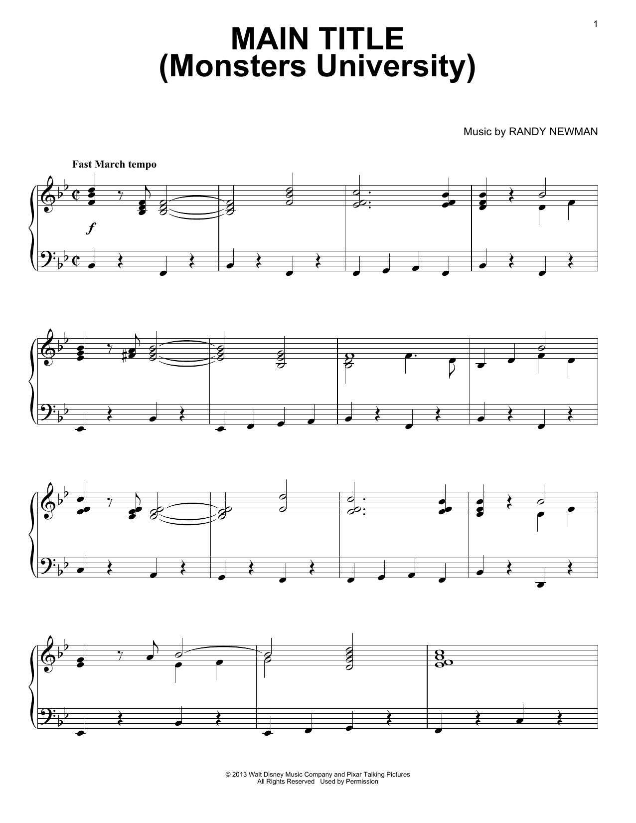 Randy Newman Main Title (Monsters University) sheet music notes and chords arranged for Piano Solo