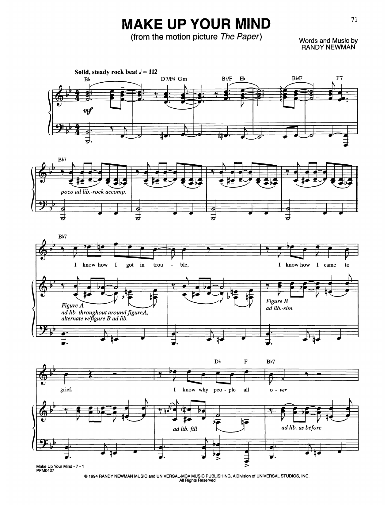 Randy Newman Make Up Your Mind (from The Paper) sheet music notes and chords arranged for Piano & Vocal