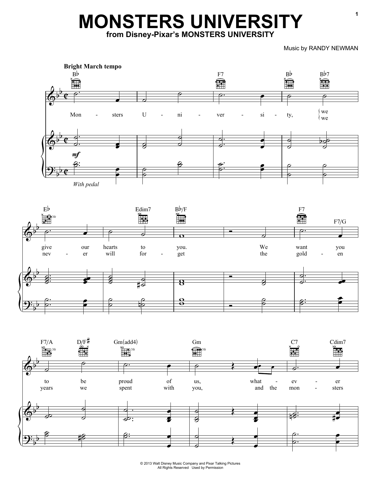 Randy Newman Monsters University sheet music notes and chords arranged for Piano, Vocal & Guitar Chords (Right-Hand Melody)