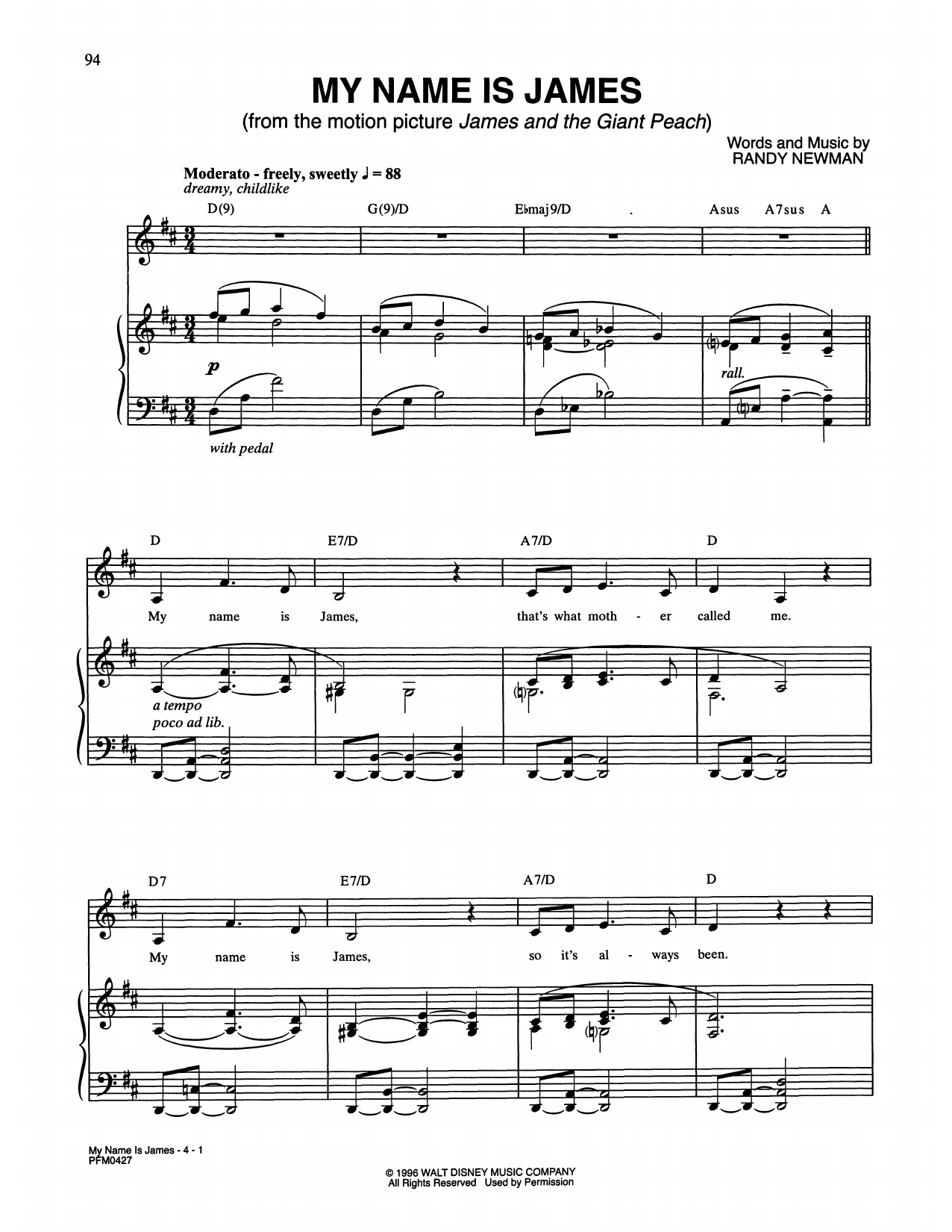 Randy Newman My Name Is James (from James and the Giant Peach) sheet music notes and chords arranged for Piano & Vocal