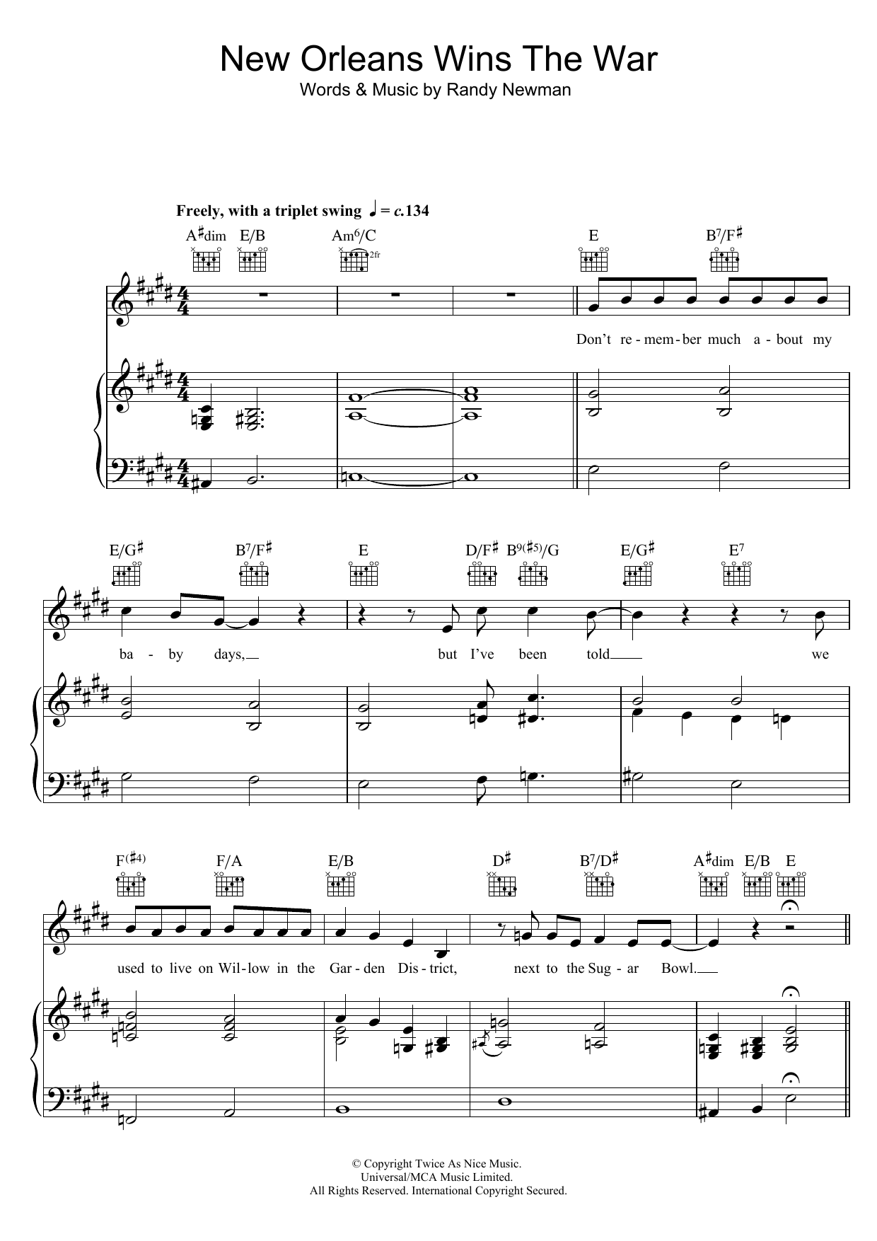 Randy Newman New Orleans Wins The War sheet music notes and chords arranged for Piano, Vocal & Guitar Chords