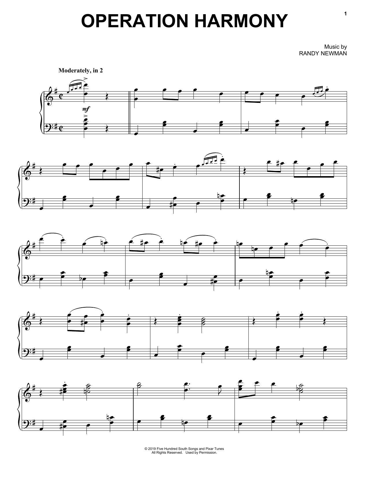 Randy Newman Operation Harmony (from Toy Story 4) sheet music notes and chords arranged for Piano Solo